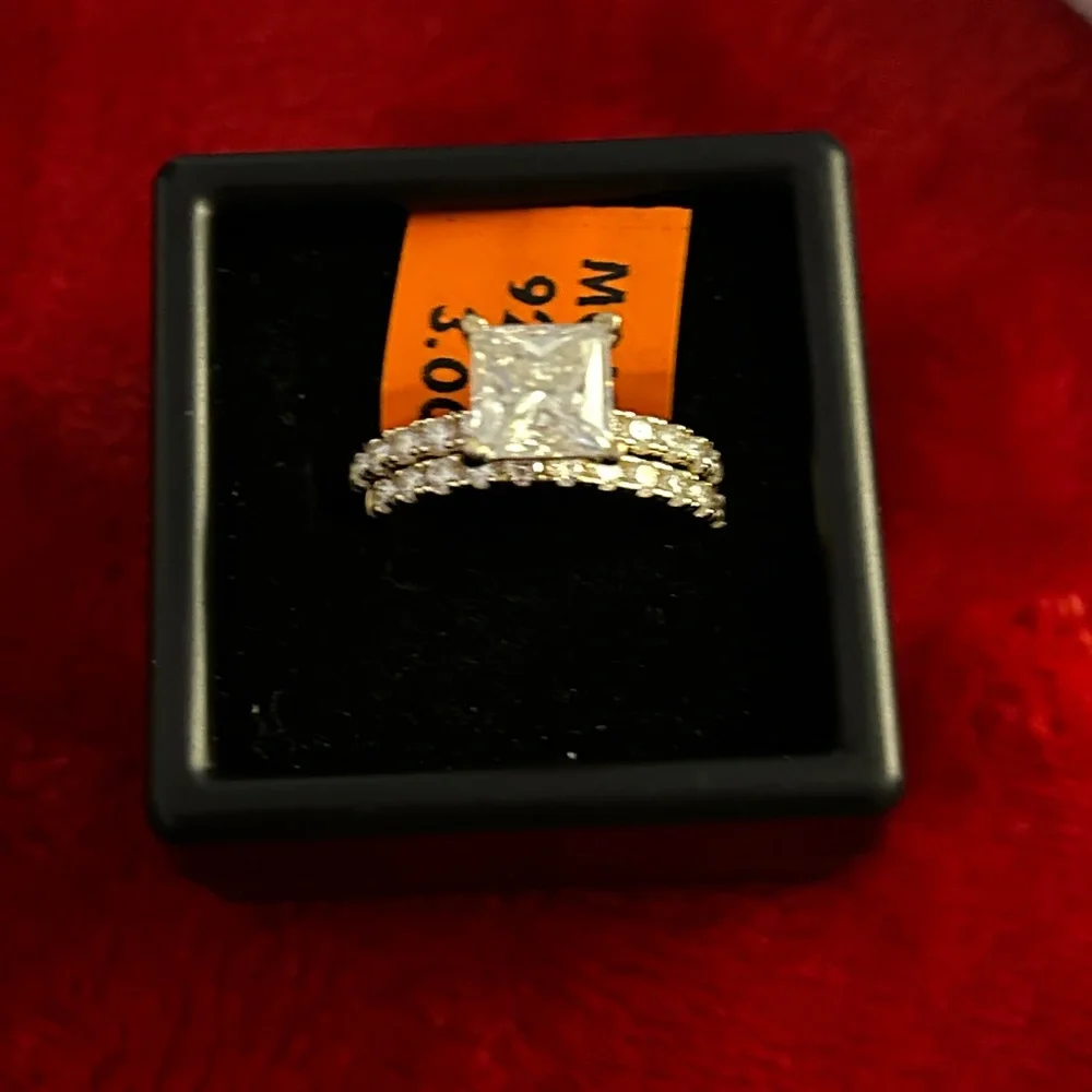 Luxury Square Moissanite Diamond gold‎ wedding bridal set Women's Ring size 8